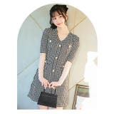 [SMLサイズ]千鳥格子Vネックパールボタンビジュー五分袖タイトミニドレス | Dazzy | 詳細画像14 