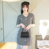 [SMLサイズ]千鳥格子Vネックパールボタンビジュー五分袖タイトミニドレス | Dazzy | 詳細画像8 