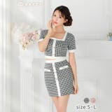 [SML 3サイズ展開] スクエア千鳥格子ラインパールビジュー半袖タイトミニセッ… | Dazzy | 詳細画像1 