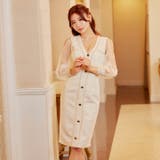 ツイードパールビジューラインチュール長袖タイト膝丈キャバドレス | Dazzy | 詳細画像14 