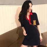 ネイビー | トレンドファッション♪配色襟付ニットワンピース 2018春夏新作 韓国ファッション | DearHeart
