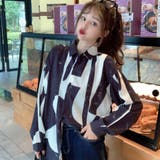 ブラック | 配色総柄襟付長袖シャツ 秋冬 韓国ファッション | DearHeart