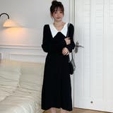ブラック | 襟配色長袖ニットワンピース 2020秋冬新作 韓国ファッション | DearHeart