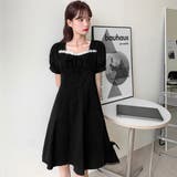 ブラック | リボン付レースデザイン半袖ワンピース 春夏 韓国ファッション | DearHeart