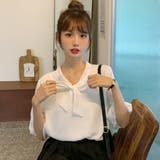 リボンデザインフリル袖半袖ブラウス 春夏 韓国ファッション | DearHeart | 詳細画像1 