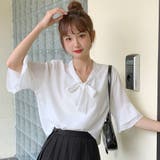 リボンデザインフリル袖半袖ブラウス 春夏 韓国ファッション | DearHeart | 詳細画像2 