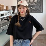 英字刺繍デザイン半袖Tシャツカットソー 春夏 韓国ファッション | DearHeart | 詳細画像1