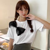 ホワイト | リボンモチーフデザイン半袖Tシャツカットソー 春夏新作 韓国ファッション | DearHeart