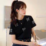 ブラック | リボン柄半袖Tシャツカットソー 春夏新作 韓国ファッション | DearHeart