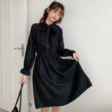 ブラック | 紐リボン付襟付長袖ワンピース 秋冬新作 韓国ファッション | DearHeart