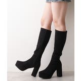 ブラックスエード | 【25年秋冬再販】厚底 プラットフォーム 太ヒール ストレッチ ロングブーツ | DEMETER