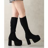 ブラックスエード | 【25年秋冬再販】厚底 太ヒール スクエアトゥ ストレッチ ロングブーツ | DEMETER