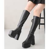 ブラックスムース | 【25年秋冬再販】厚底 太ヒール スクエアトゥ ストレッチ ロングブーツ | DEMETER