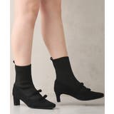 ブラックスエード | 【25年秋冬新作】スクエアトゥ リボン ニットドッキング ショートブーツ | DEMETER