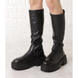 ブラック | 厚底 ロングブーツ PUレザー | レースレディース 