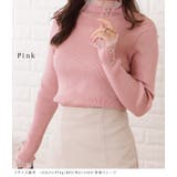 ピンク | ビジューボタン付きリブニットフリルプルオーバー 女性 レディース | レースレディース 