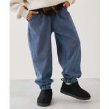 002-ネイビー | デニム風 裏起毛 ロングパンツ | devirock