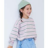 016-Lグレー-ピンク | 綿100% お洗濯してもよれにくい ビッグシルエット袖リブボーダー長袖Tシャツ | devirock