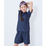 001-半袖-ネイビー-ネイビー | UVカット 女児 セパレートTシャツ&パンツ型スクール水着 | devirock