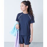 002-半袖-ネイビー-ホワイト | UVカット 女児 セパレートTシャツ&パンツ型スクール水着 | devirock