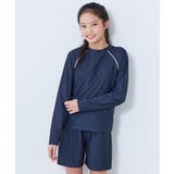 012-長袖-ネイビー-ホワイト | UVカット 女児 セパレートTシャツ&パンツ型スクール水着 | devirock