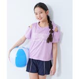 002-ネイビー-Gライラック | 学校にも遊びにも UVカット Tシャツ付きスクール水着3Pセット | devirock