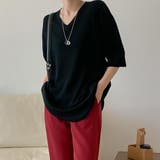 ブラック | オーバーサイズVネックリブニット半袖プルオーバー【韓国ファッション】 | Doula Doula