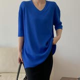 ブルー | オーバーサイズVネックリブニット半袖プルオーバー【韓国ファッション】 | Doula Doula