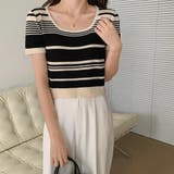 ベージュ | ランダムボーダー半袖ニット【韓国ファッション】 | Doula Doula