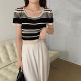 ランダムボーダー半袖ニット【韓国ファッション】 | Doula Doula | 詳細画像14 