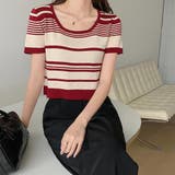 レッド | ランダムボーダー半袖ニット【韓国ファッション】 | Doula Doula