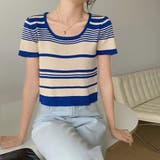 ブルー | ランダムボーダー半袖ニット【韓国ファッション】 | Doula Doula