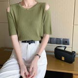 カーキ | ショルダースリットニット【韓国ファッション】 | Doula Doula