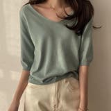 ライトグリーン | Vネック五分袖ニット【韓国ファッション】 | Doula Doula