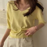 ライトイエロー | Vネック五分袖ニット【韓国ファッション】 | Doula Doula