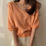オレンジ | Vネック五分袖ニット【韓国ファッション】 | Doula Doula