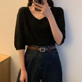ブラック | Vネック五分袖ニット【韓国ファッション】 | Doula Doula
