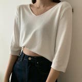 ホワイト | Vネック五分袖ニット【韓国ファッション】 | Doula Doula