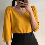ダークイエロー | Vネック五分袖ニット【韓国ファッション】 | Doula Doula