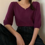 ダークパープル | Vネック五分袖ニット【韓国ファッション】 | Doula Doula