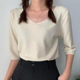 アイボリー | Vネック五分袖ニット【韓国ファッション】 | Doula Doula