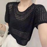 ブラック | ヘルシーな肌見せ。クロシェニット半袖トップス サマーニット | Doula Doula