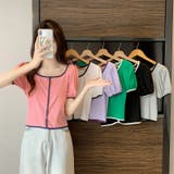 スクエアネックパイピングカラーパフスリーブ半袖カーディガン【韓国ファッション】 | Doula Doula | 詳細画像2