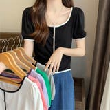 スクエアネックパイピングカラーパフスリーブ半袖カーディガン【韓国ファッション】 | Doula Doula | 詳細画像3