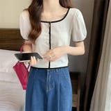 スクエアネックパイピングカラーパフスリーブ半袖カーディガン【韓国ファッション】 | Doula Doula | 詳細画像5