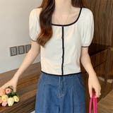 スクエアネックパイピングカラーパフスリーブ半袖カーディガン【韓国ファッション】 | Doula Doula | 詳細画像7