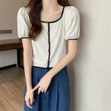 スクエアネックパイピングカラーパフスリーブ半袖カーディガン【韓国ファッション】 | Doula Doula | 詳細画像11