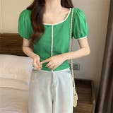 スクエアネックパイピングカラーパフスリーブ半袖カーディガン【韓国ファッション】 | Doula Doula | 詳細画像13