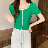 スクエアネックパイピングカラーパフスリーブ半袖カーディガン【韓国ファッション】 | Doula Doula | 詳細画像20