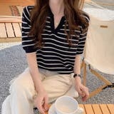 ボーダー柄スキッパー襟半袖ニットポロシャツ レディース トップス | Doux Belle | 詳細画像11